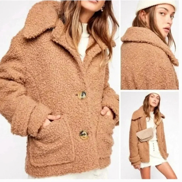 Free People Jackets & Blazers - Free People Peacoat Teddy Sherpa Coat So Soft Cozy Button Light Brown Tan Medium